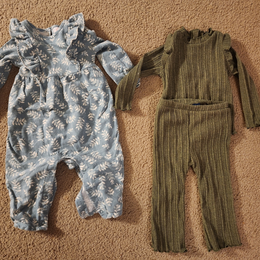 Blue Floral Baby Romper and Green Ribbed Set